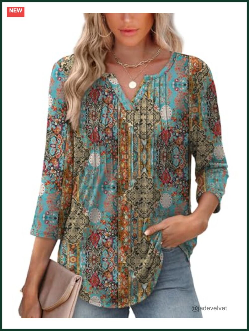 Womens 3/4 Sleeve V-Neck Pleated Blouse Casual Tunic Top
